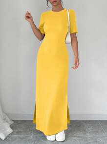 Chiquease 女式V领开衩纯色短袖黄色连衣裙长款女装 - 橘色 - 查看 5