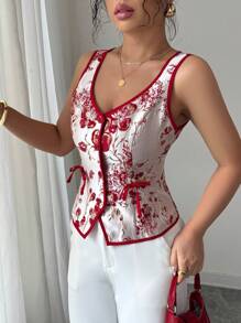 Elenzga Camisa con apertura frontal y detalle de lazo en tela de jacquard elegante - Rojo - Ver 3