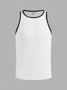SHEIN Teen Boys' Textured Fabric Contrast Color Black & White Tank Top, Comfortable, Fashionable, Minimalist, Versatile, Soft Fabric Suitable For Daily Wear, School, Travel, Outdoor Sports, Beach, Gym, Spring/Summer - White - View 2