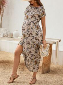 SHEIN 孕妇休闲度假波西米亚风花卉太阳裙 - 卡其色 - 查看 3