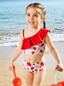 年轻女孩草莓印花不对称荷叶边下摆泳衣，随机印花 2 件套 - 彩色 - 查看 3