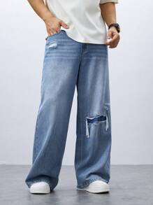 Manfinity Homme Men's Washed Distressed Wide Leg Jeans - Blue - View 4
