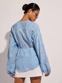 COSMINA 女式简约纯色长袖衬衫，波西米亚风，波西米亚风，波西米亚风 - 藍色 - 查看 2