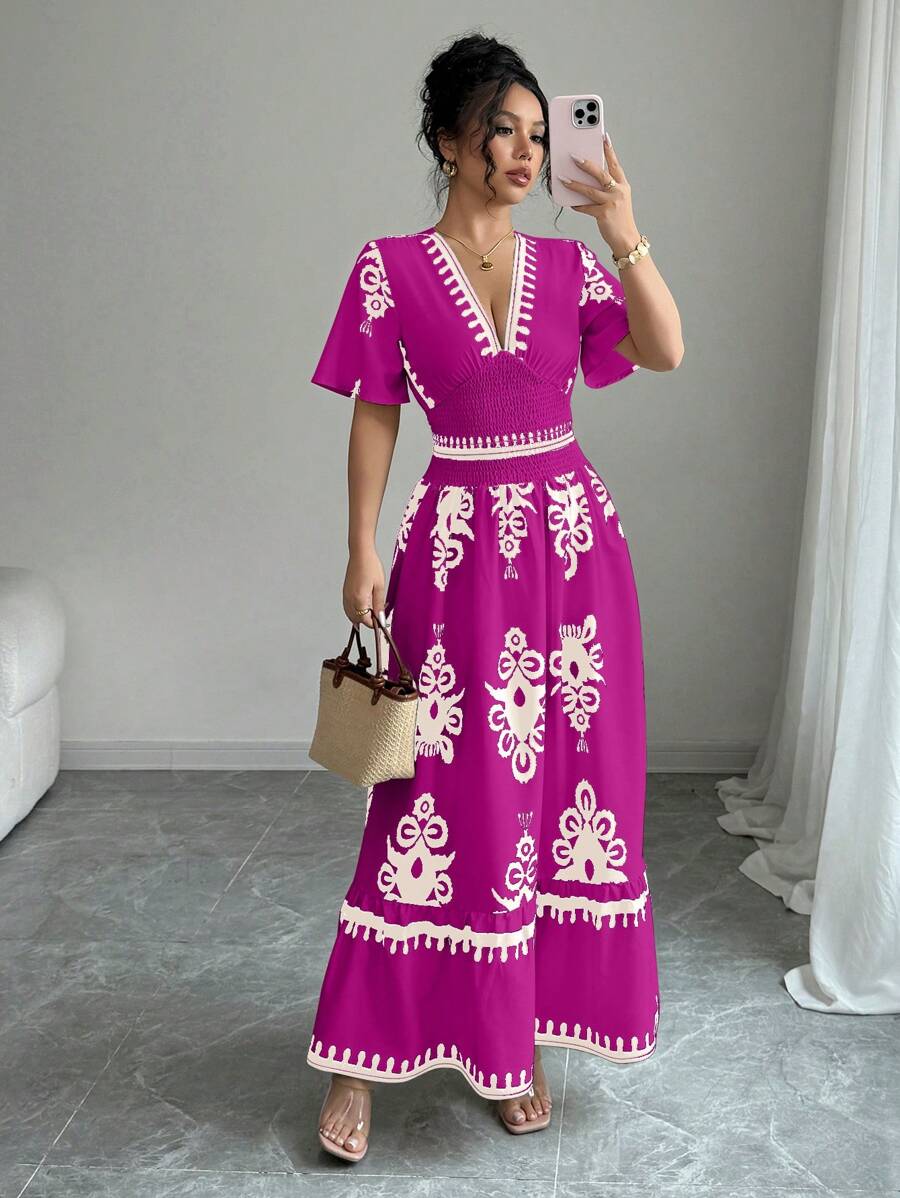 Elenzga Apricot Shirred Drawstring Waist Dress For Women - Purple - View 1