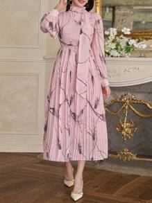 DAZY Vestido plisado de manga farol con estampado floral elegante, vestido de manga larga para primavera/otoño - Rosa - Ver 6