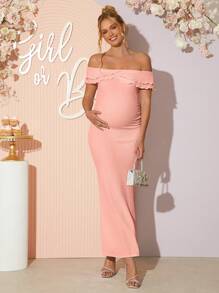 Loomaby Maternity Off Shoulder Solid Color Dress, Fashion For Summer - Pink - View 4
