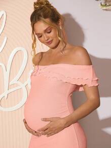 Loomaby Maternity Off Shoulder Solid Color Dress, Fashion For Summer - Pink - View 6