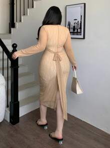 Dazy Plus Plus Size Textured Fabric V-Neck Bodycon Tie-Waist Split Midi Cocktail Dress,Fall Dress Long Sleeve Dress - Khaki - View 2