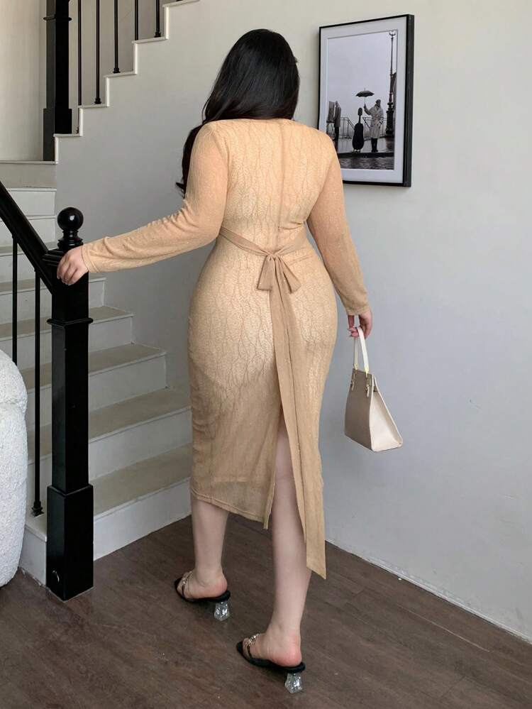 Dazy Plus Plus Size Textured Fabric V-Neck Bodycon Tie-Waist Split Midi Cocktail Dress,Fall Dress Long Sleeve Dress