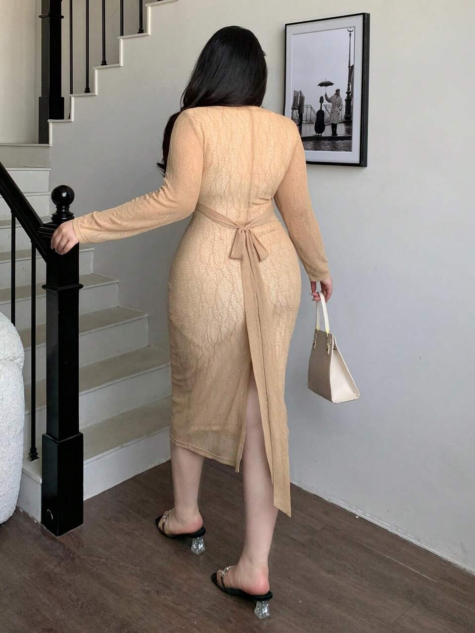 Dazy Plus Plus Size Textured Fabric V-Neck Bodycon Tie-Waist Split Midi Cocktail Dress,Fall Dress Long Sleeve Dress