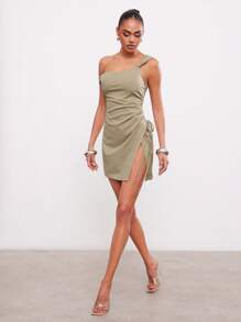 Hauture Summer Sexy Office Casual Solid Asymmetrical One Shoulder Ruched Slit Mini Dress - Brown - View 5