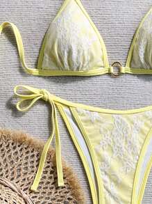 Swim Mod Women's Summer Holiday Beach Contrast Lace Halter Bikini Set - Yellow - View 4
