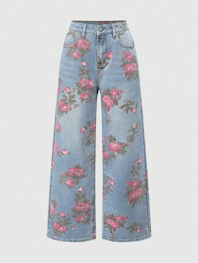 Fairycore Jeans en denim ample à jambes larges, imprimé floral vintage, lavé pour femmes, été