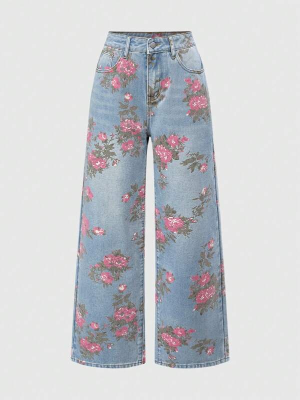 ROMWE Fairycore Jeans anchos de tiro alto y pierna ancha con lavado y estampado floral vintage para mujer, atuendo de verano