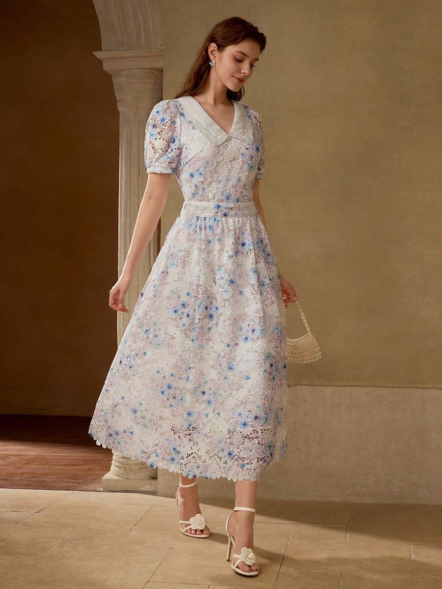 MOTF 对比色凸纹蕾丝连衣裙 - 藍色 - 查看 1