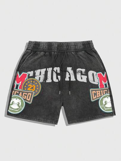 Street Life Men's Casual Washed Number Letter Print Shorts For Summer