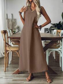 EMERY ROSE Vestido maxi suelto y cómodo de unicolor, con cuello en V y sin mangas, para mujer