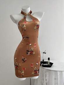 SHEIN Unity Vestido ajustado de mujer de verano con cuello halter de abertura y estampado floral elegante - Naranja - Ver 1