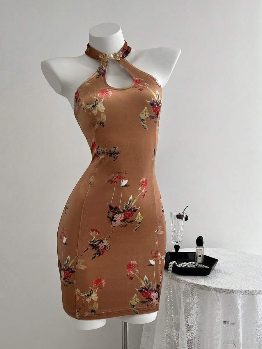 SHEIN Unity Vestido ajustado de mujer de verano con cuello halter de abertura y estampado floral elegante - Naranja - Ver 1