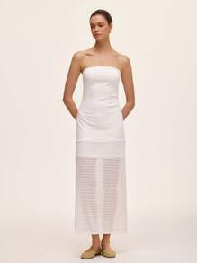 Chiquease Abito elegante da donna con colore unito, senza spalline, con inserti in pizzo e orlo a contrasto e con taglio a righe - Bianco - Visualizzare 3