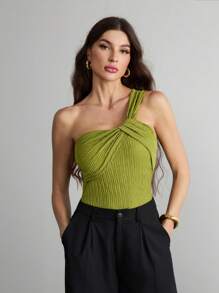 SHEIN Tall Wedding Season Party Elegant Vacation Jacquard Slimming One Shoulder Bodysuit With Twisted Front
