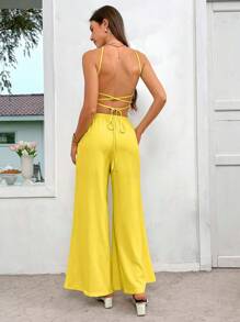 SHEIN VCAY Butter Yellow Summer Vacation 2 Pieces Sets Woman,Casual Backless Two Pieces Outfits For Daily Wear,Beach Holiday Rave Outfits Festival,Pants Set - Yellow - View 6