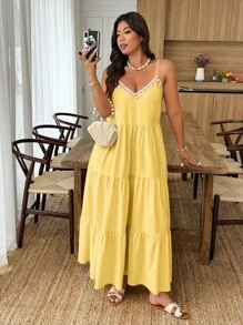 Weeklong Vestido de línea A con decoración de cuello con tirantes finos y dobladillo con volantes para mujeres talla grande de vacaciones - Amarillo - Ver 3