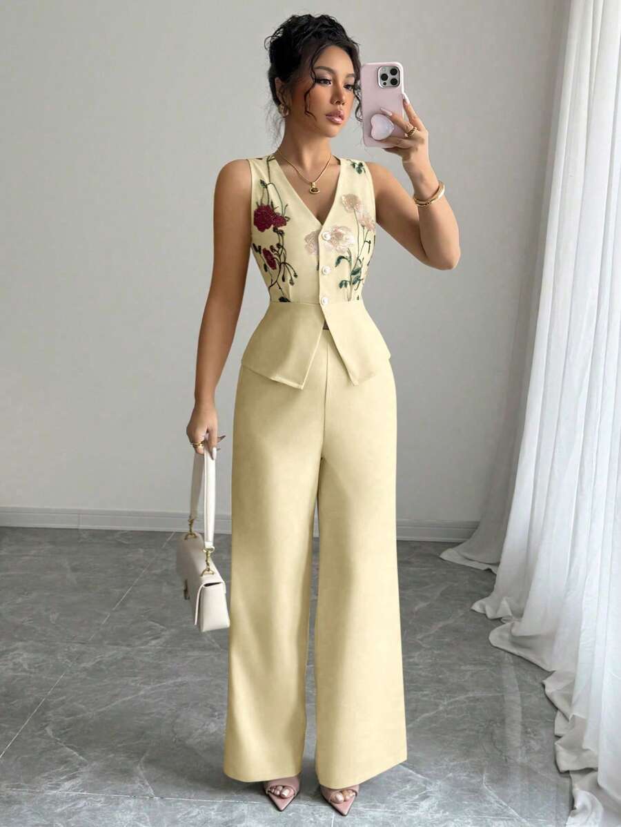 Elenzga Elegant Waist Cinched Mesh Embroidered Sleeveless Top And Pants Set, Cream Yellow, Suitable For Vacation And Commute