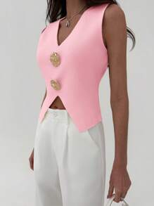 Aloruh V-Neck Sleeveless Solid Color Sweater, Suitable For Spring/Autumn