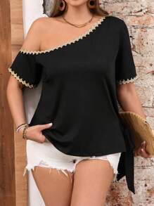 SHEIN LUNE 大码女式黑色修身镂空肩部可调节下摆系带设计休闲百搭短袖 T 恤，适合日常休闲、外出、通勤、街头、约会、派对等场合 - 黑色 - 查看 1
