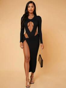SHEIN SXY Sexy Hollow Out Bodysuit With Twist Knot And High Slit Skirt Two Pieces Set - Black - View 1