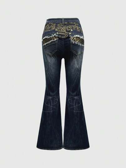 Grunge Punk Jeans acampanados de talle súper bajo con parches de estampado de leopardo y eslogan, efecto parche para mujer en estilo Y2K Harajuku