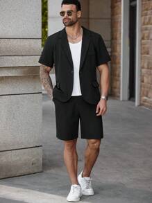 Manfinity Homme Plus Size Men Lapel Neck Shirt And Shorts Suit Set
