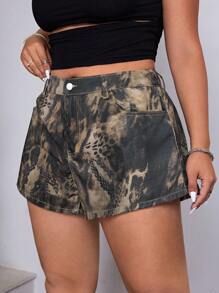 SHEIN EZwear Plus Size Women Snake Skin Print Denim Shorts, Street Style Summer - Brown - View 6
