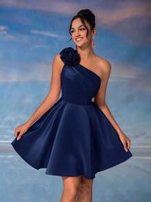 Lovelzi Elegant & Glamorous 3D Floral Asymmetrical Neck Ruffle Dress, Party Short Formal Dress, Prom Dress Blue