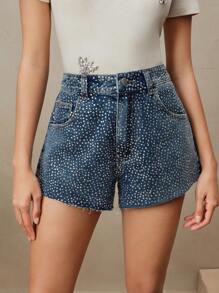 Anewsta Fashionable Sparkle Embellished Denim High-Waisted Shorts - Blue - View 7