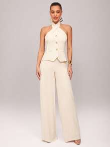 Silquee Premium Quality Summer Solid Beige Linen Halter Neck Metal Buckle Decorated Top + Trousers, Elegant Commuting Sexy Office Ladies Daily Two-Piece Clothing, Suitable For Daily Outings, Office Wear, Girlfriends Dating