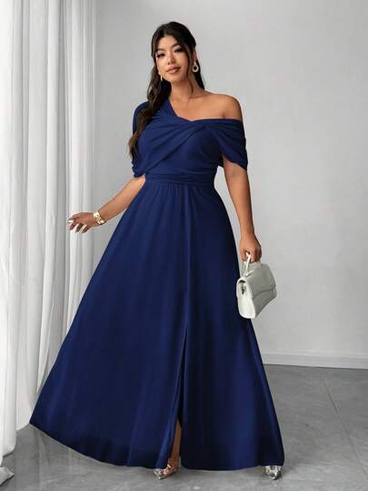 Elenzga Vestido de gasa elegante y romántico para bodas/fiestas/banquetes con un solo hombro y dobladillo con abertura, talla grande para mujer