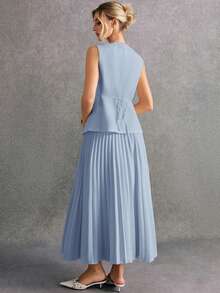 Poéselle 2 件女士单排扣纯色背心和百褶裙套装女士办公室服装商务女性服装职业女性服装百褶长裙百褶裙套装夏季优雅连衣裙灰蓝色百褶裙女士秋冬百褶裙 - 藍色 - 查看 6