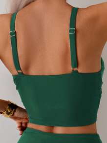 SHEIN Swim Women's Vacation Beach Solid Color Camisole Tankini Set For Summer - Dark Green - View 3