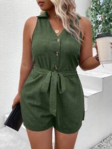 Linhara Kích thước lớn Màu thuần Không tay Romper - xanh quân đội - Xem 3