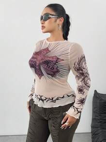 POPSWAY Plus Size Women Gothic Rock Dragon Print Mesh See-Through Fitted Base Layer Top, Y2K Baddie Vintage Style Long Sleeve T-Shirt, Spring/Summer - Apricot - View 6