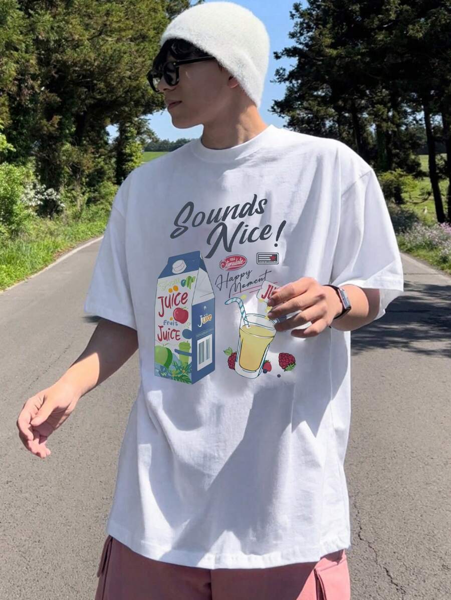 DAZY Summer Art Pattern Letter Print White Men T-Shirt,Graphic Tees - White - View 1