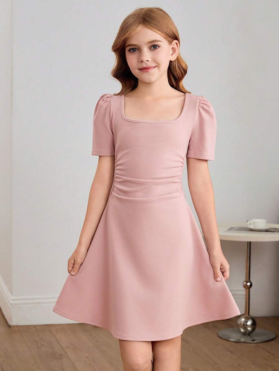 SHEIN Nova Glow Tween 女童褶饰腰部优雅通勤束腰短袖连衣裙 - 淺粉色 - 查看 1