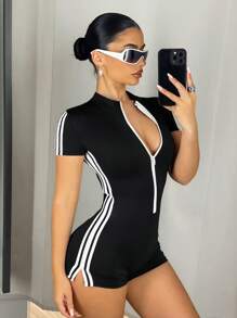 SHEIN ICON Y2K 风格户外休闲撞色高领连体裤 - 黑與白 - 查看 3