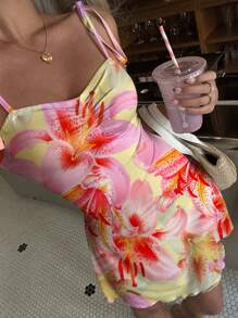 SHEIN MOD 前结褶饰腰部 A 字形连衣裙（带肩带） - 彩色 - 查看 1