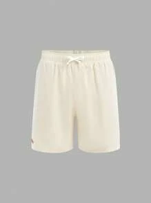 SHEIN Leap Crew 青少年男孩百搭廓形米色短裤，休闲、舒适、时尚百搭，面料柔软，适合春夏季日常穿着、上学、旅行、户外活动 - 杏色 - 查看 2