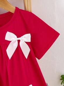 SHEIN Baby Girl Casual Simple Comfortable Round Neck Short Sleeve Colorblock Bow Decor T-Shirt - Red - View 7