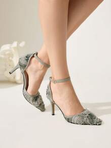 CUCCOO CHICEST Green Stiletto High Heel Sexy Lace Net Versatile Ankle Strap Pointed Toe Hollow-Out High Heel Pumps For Women For Christmas - Green - View 9