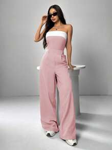 Muchica Women's Casual Contrast Color Summer Jumpsuit - Baby Pink - View 7